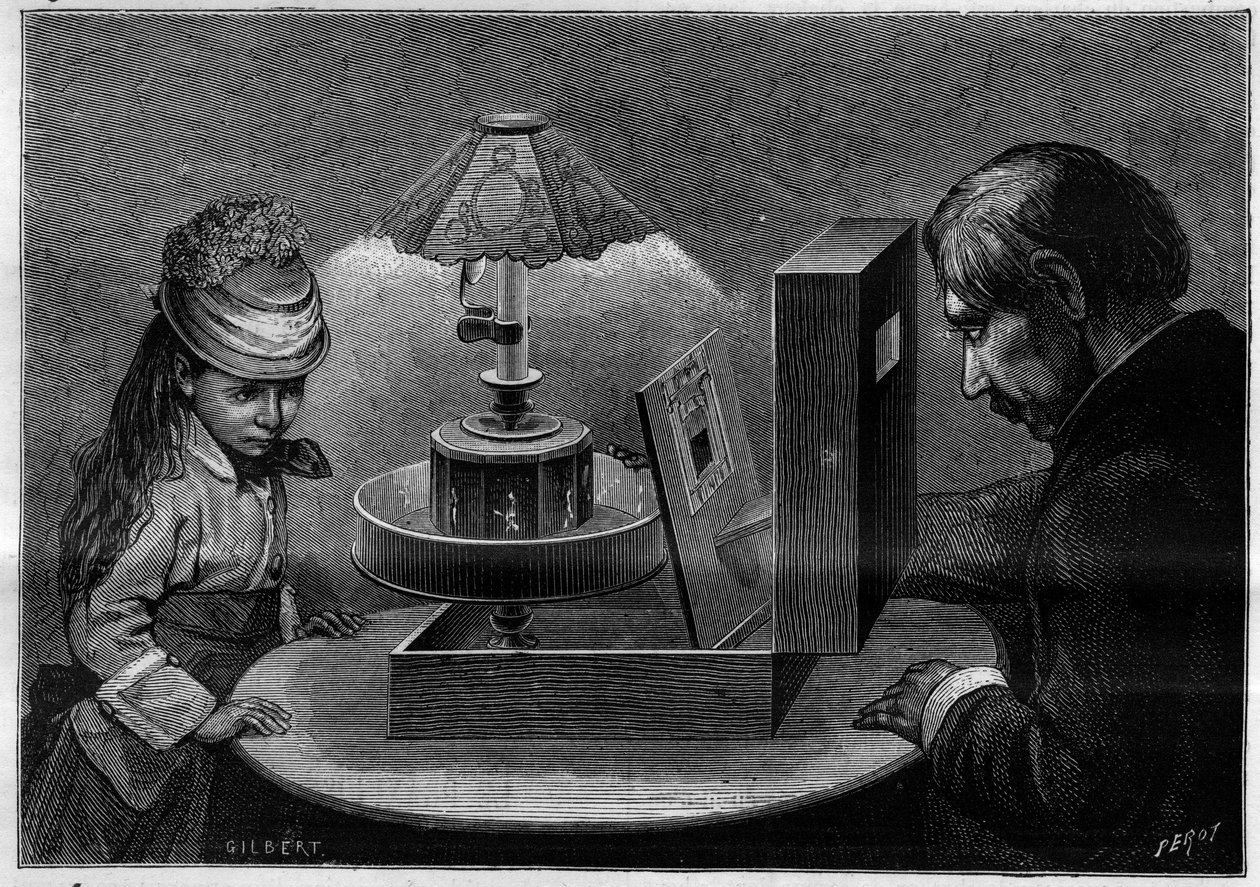 Optical illusion: the praxinoscope theatre, apparatus invented by Emile Reynaud. Engraving in 
