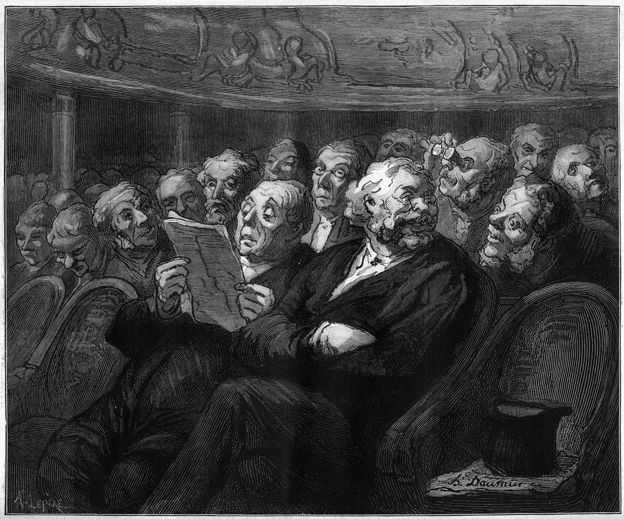 Orchestra chairs. Cartoon by Honore Daumier. Engraving in Le Monde Illustré n°1101 of May 4 by French School