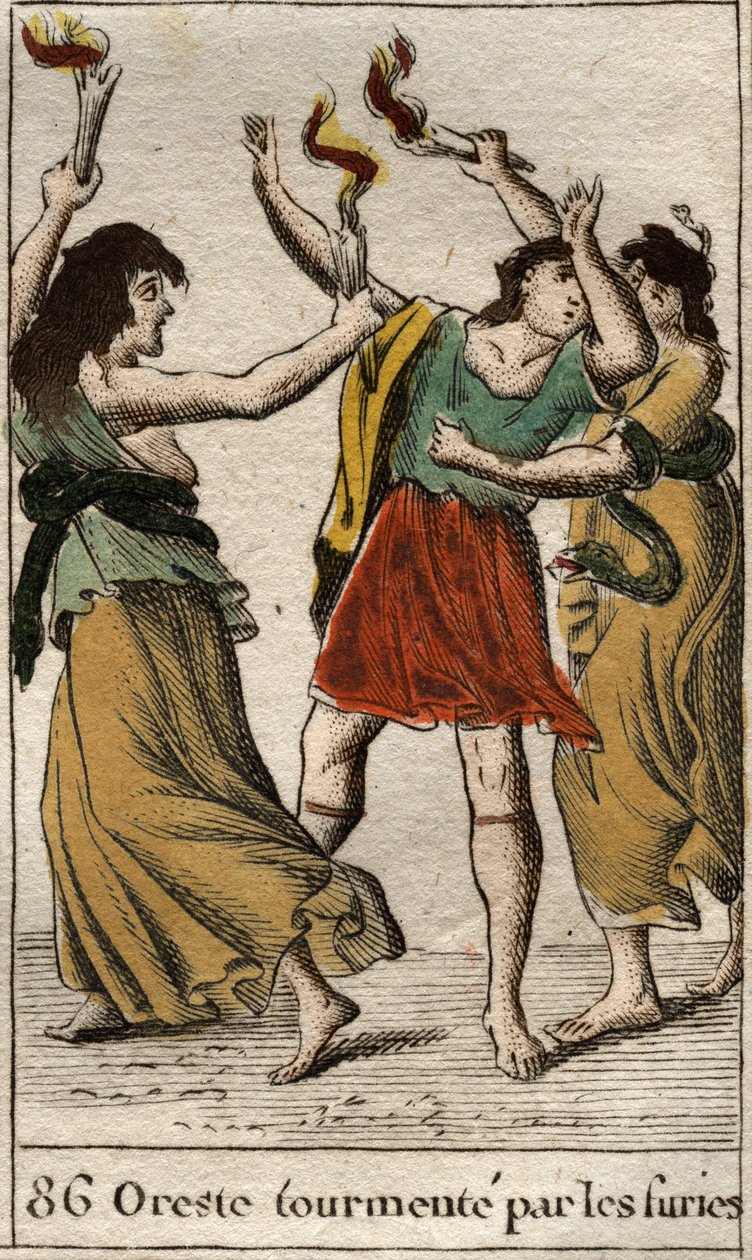 Orestes pursued by the Erinyes (or Furies) for avenging the death of his father Agamemnon by killing his mother Clytemnestra. From “Mythology of Youth” by Pierre Blanchard 1803. by French School