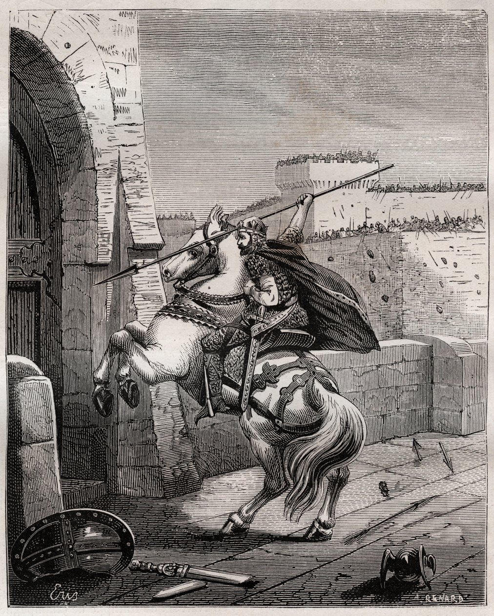 Otto II, Holy Roman Emperor before Paris - Otto II of the Holy Empire, known as the Red (955-983) irritates not being able to penetrate Paris (Paris siege, 978), advances under the walls of the city to plant his spear in the door - engraving by French School