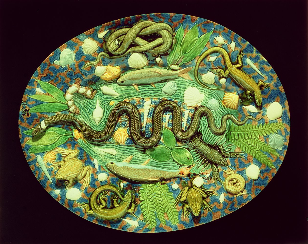 Oval Dish With Fish And Reptiles, reproduction of Bernard Palissy ware by French School