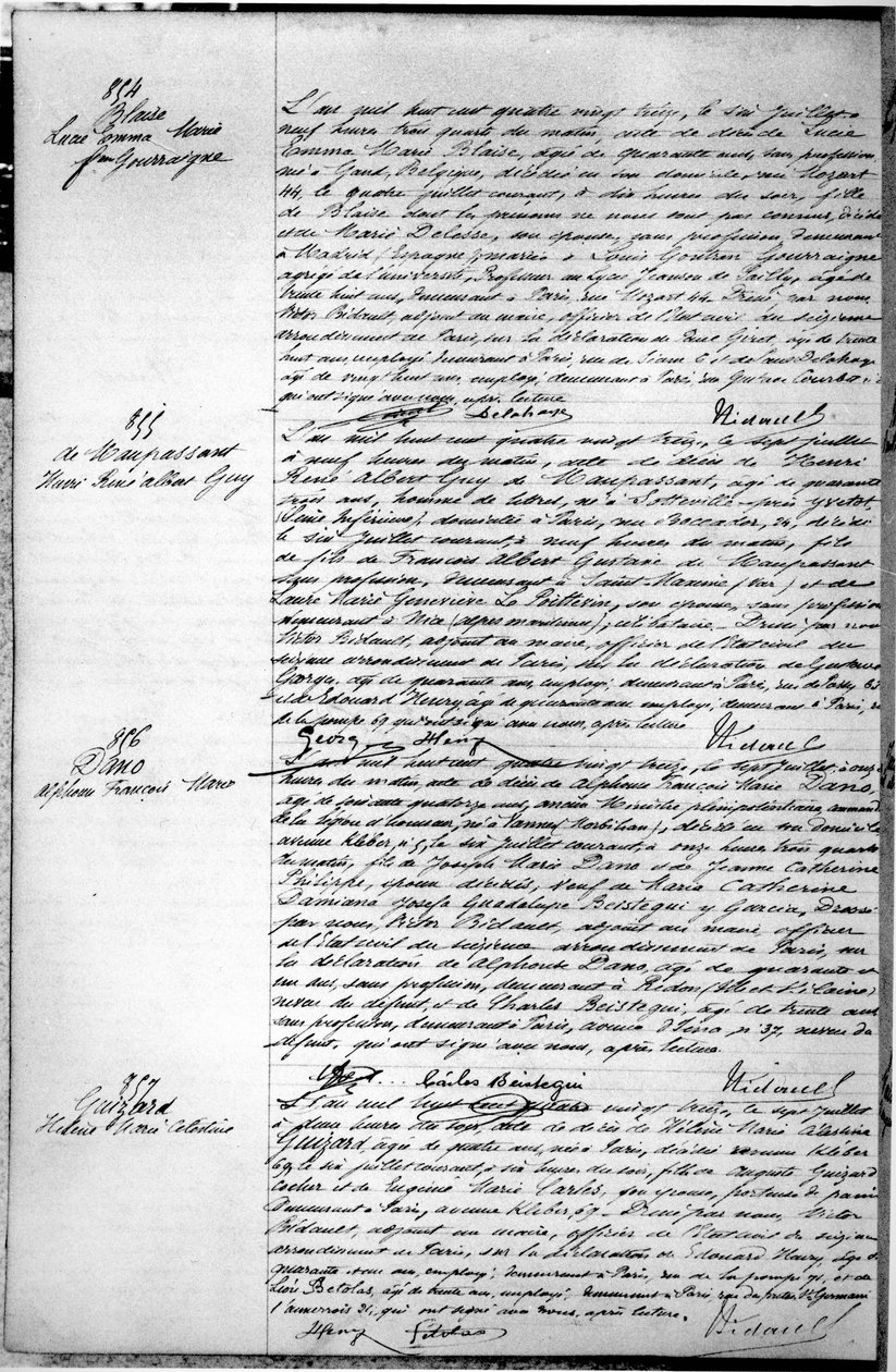 Page with the Death Certificate of Guy de Maupassant 7th July 1893 by French School