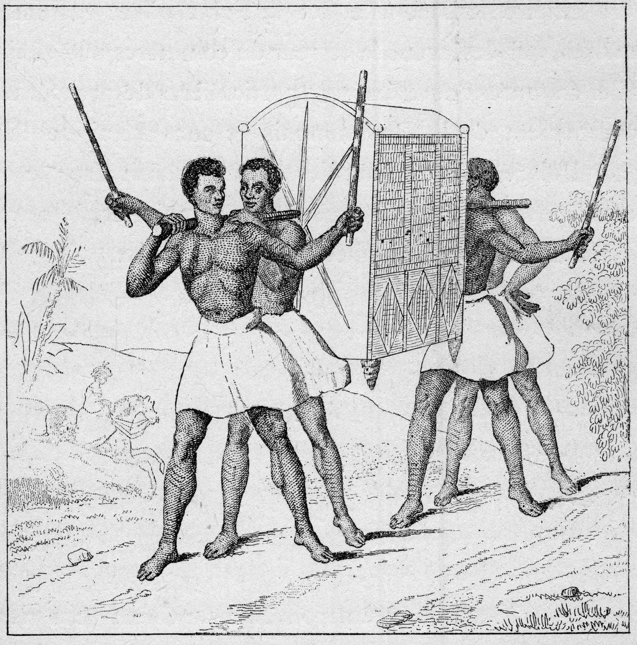 Palanquin trip to Bourbon Island (Reunion Island) in the 18th century. Engraving in 