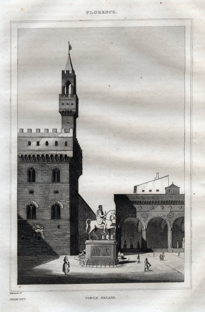 Palazzo Vecchio in Florence - Piazza della Signoria - Engraving from Picturesque Italy - Historical and Descriptive Painting of Italy by M. de Norvins, Ch. Nodier 1834-1836. by French School