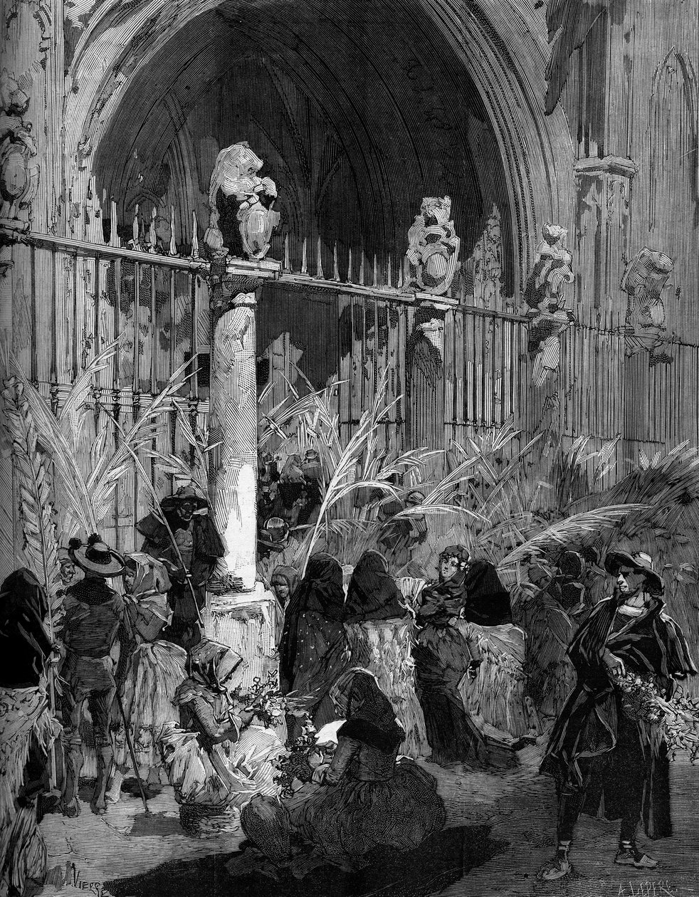 Palm Sunday in Spain: sale of blessed palm trees in front of the cathedral of Toledo. Engraving of Virgo in 