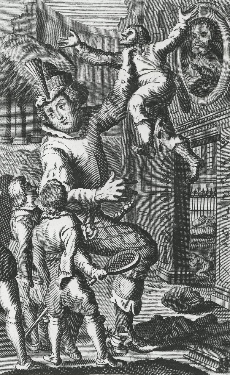 Pantagruel grabbing Limousin by the throat, illustration from 