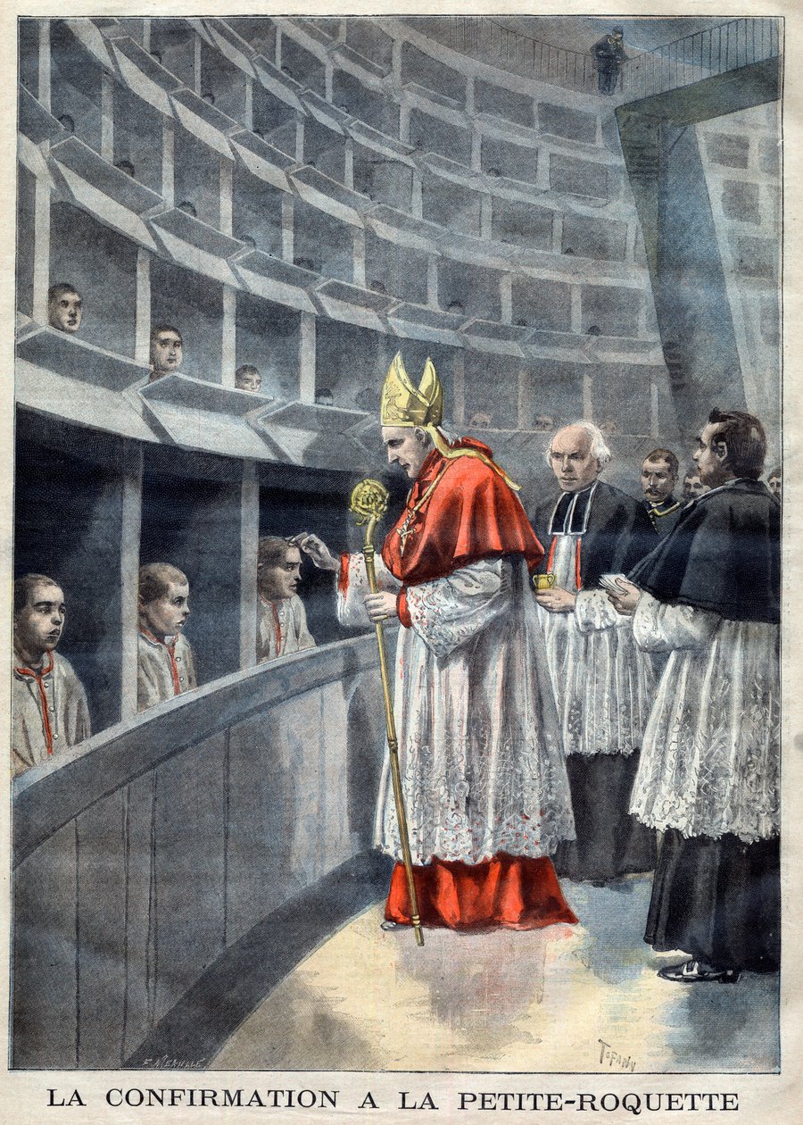Paris - Prison de la Petite Roquette (prison for women and adolescents) - La confirmation a la Petite-Roquette - Mrg Richard, archbishop of Paris illustration by Meaulle, Fortune Louis (1844-1901) in 