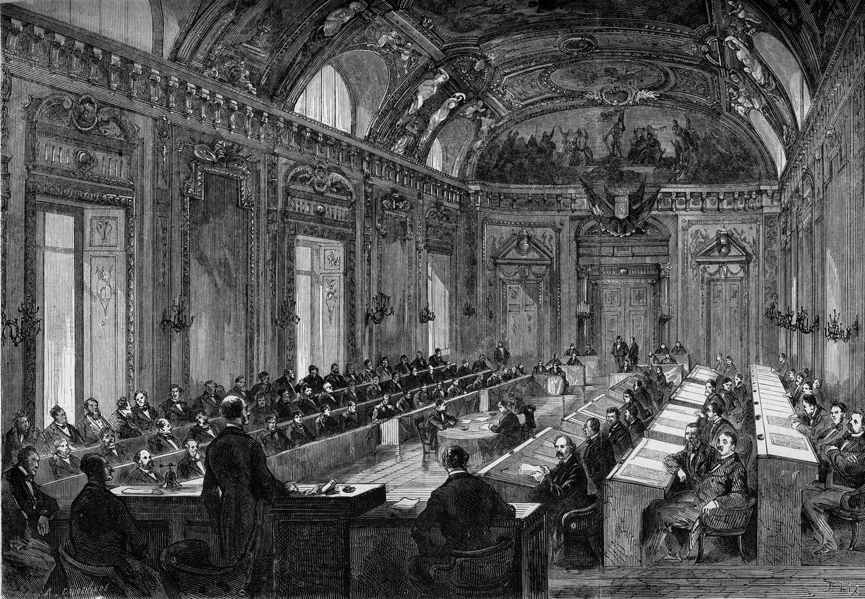 Paris, 4 August 1871: first meeting of the municipal council in the Throne Hall of the Palais du Luxembourg. Engraving in Le Monde Illustré n°748 of 12 August 1871 by French School