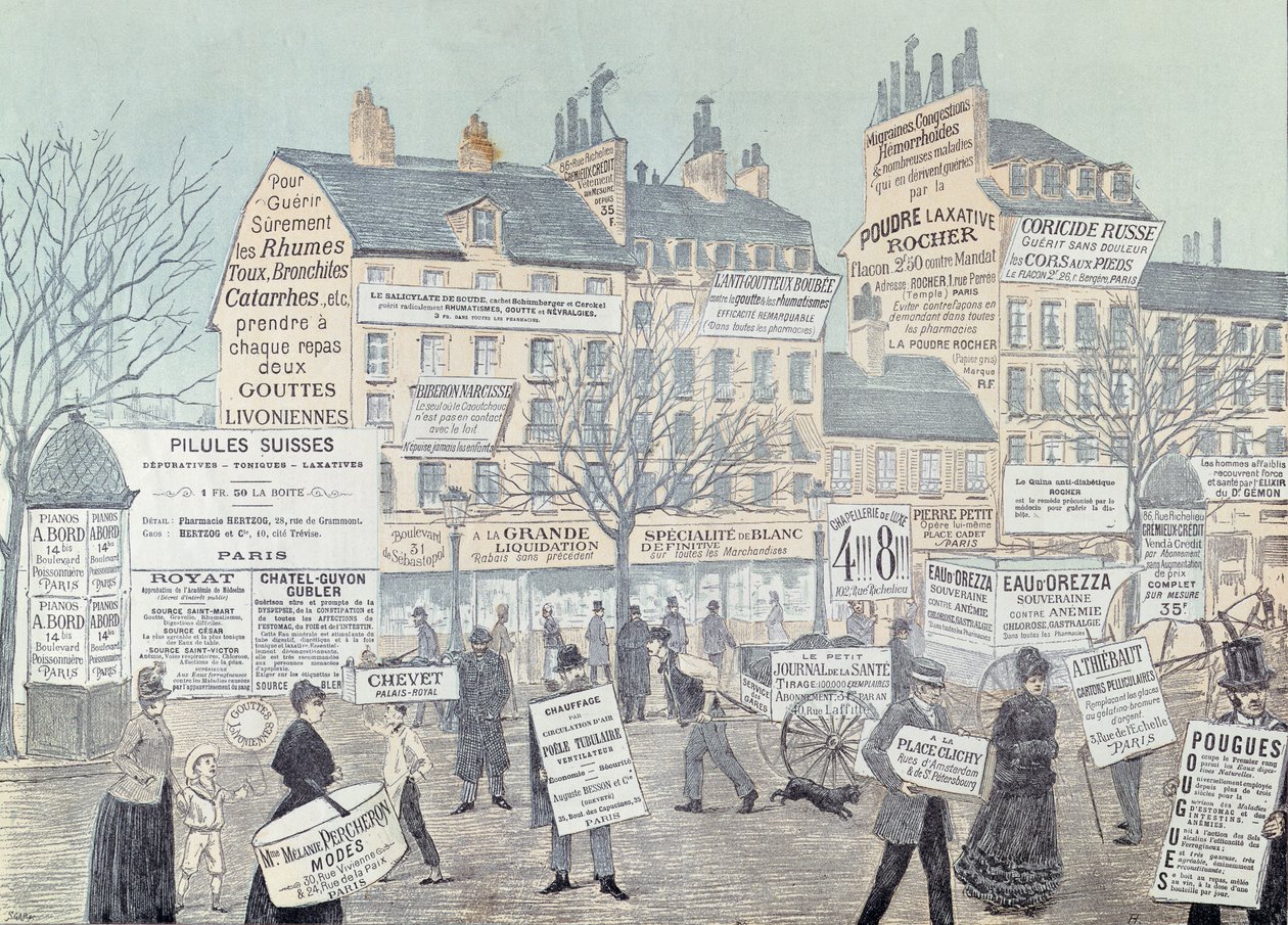 Paris Street Scene with many advertisements, mainly for medicines, 1885 by French School