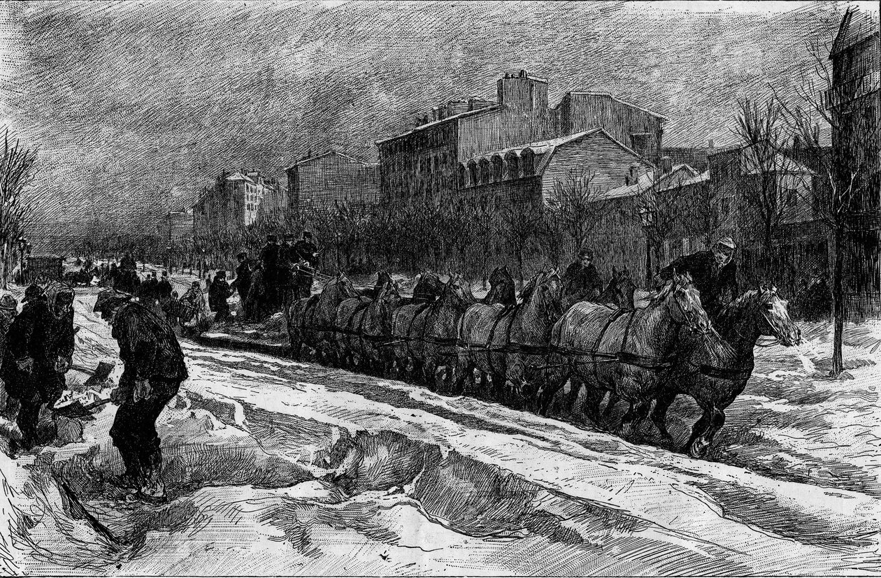 Paris under the snow, winter 1879-1880: the ice plow of Boulevard Montparnasse. Engraving in Le Monde Illustré n°1188 of January 3 by French School