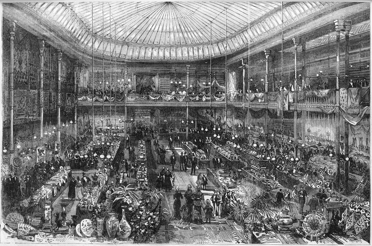 Parisian department stores: view of the Little Saint Thomas store hall in 1878. Engraving by Scott from 