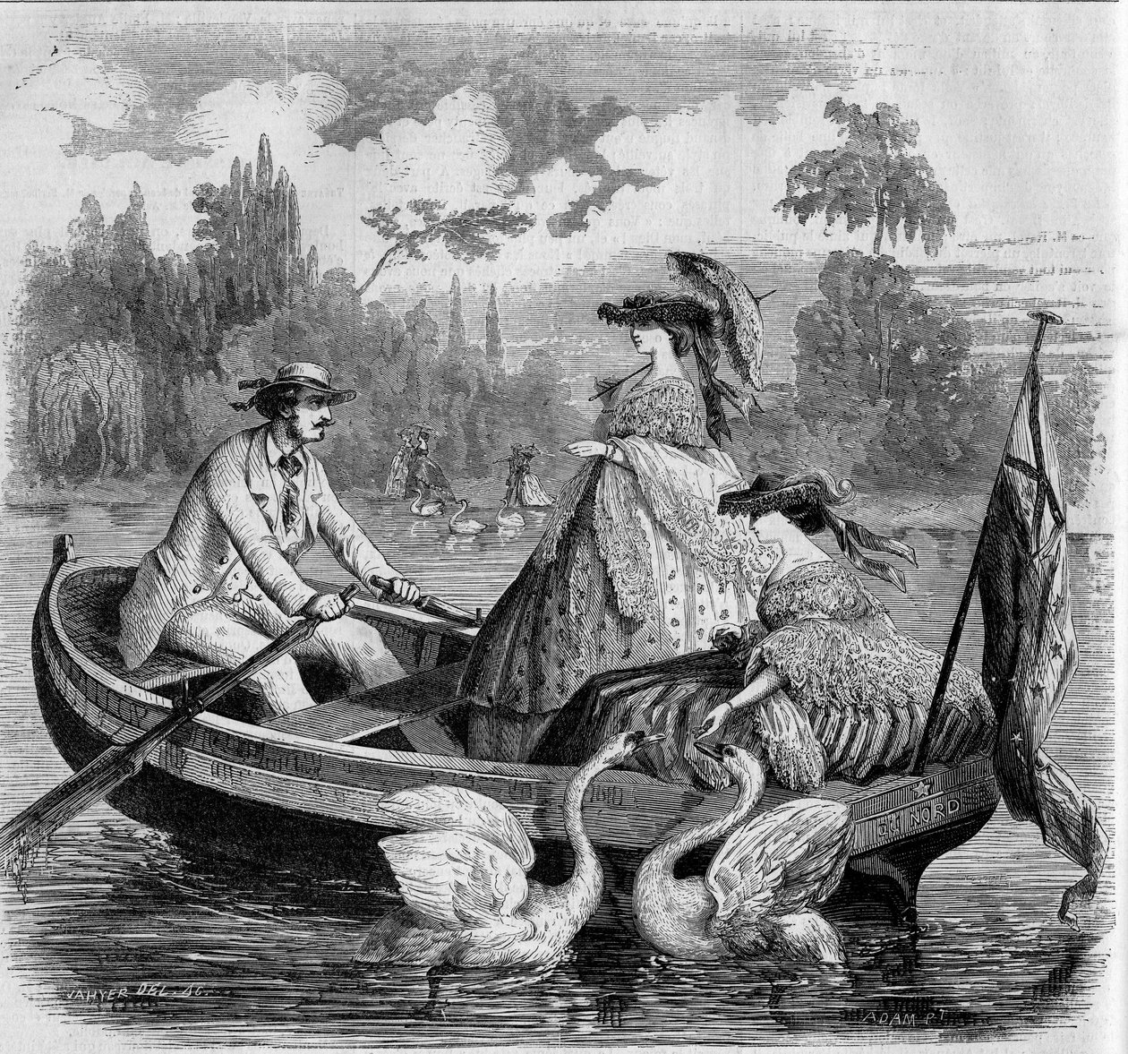 Parisian Modes, Summer 1857: Boat Ride on a Lake. Engraving in 