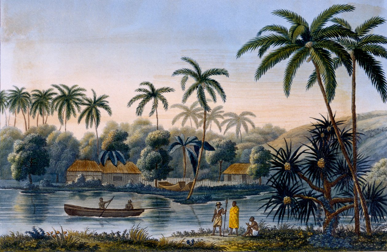 Part of the village of Matavae, coconut palms and other fruit, Tahiti, from Voyage autour du Monde sur la Corvette Coquille by Lieutenant Louis Isidore Duperrey, published 1826 by French School