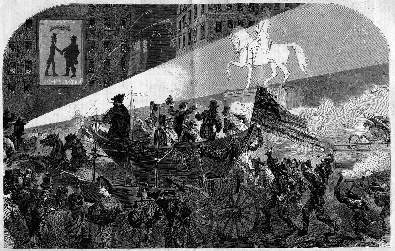 Party in the Streets of New York to Celebrate the Installation of the Transatlantic Telegraphic Cable Between the United States and England in 1858. Engraving in Le Monde Illustré n°79 of 16 October 1858 by French School
