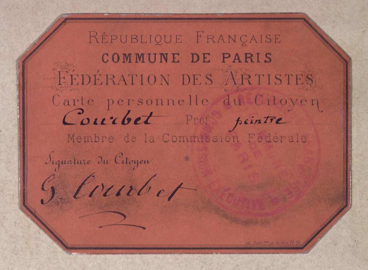 Personal Card issued by the Paris Federation of Artists during the Commune of Paris and belonging to Gustave Courbet, 1871 by French School
