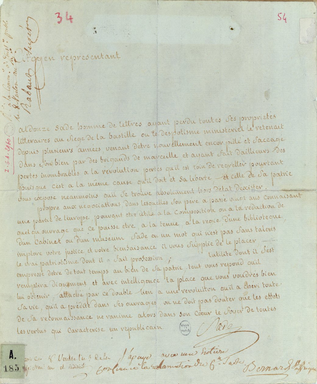 Petition by Aldonze Sade for employment, 1794-95 by French School