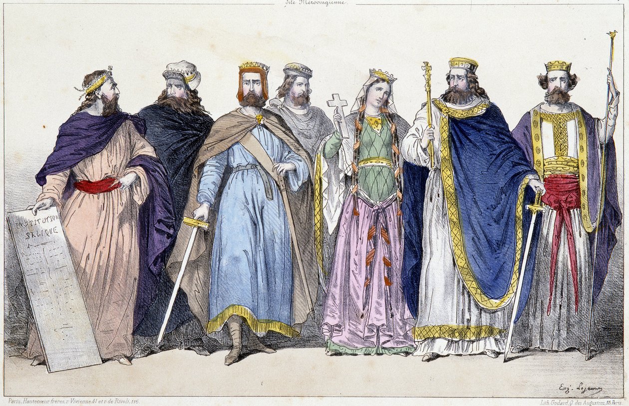 Pharamond, Clodion, Merovee, Childeric, Clotilde, Clovis I and Childebert I - in “La Monarchie Francaise en Estampes” by French School