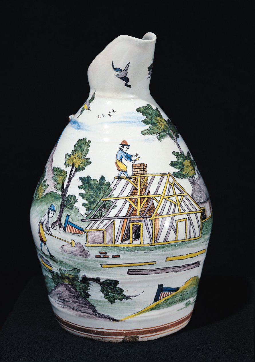 Pitcher depicting the construction of a building, Sinceny, c.1740-50 by French School
