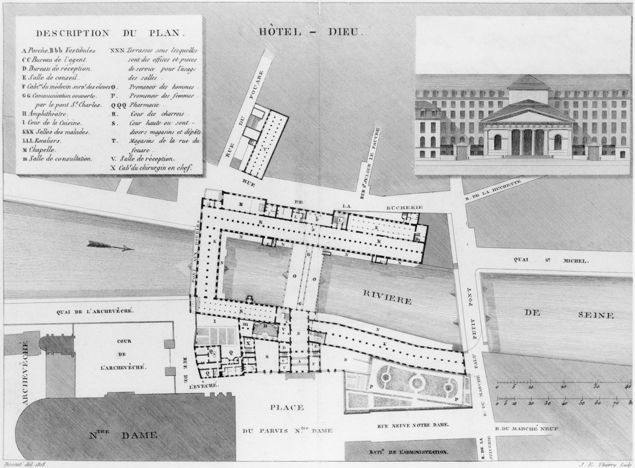 Plan of the Hotel-Dieu, Paris, illustration from Description des Hopitaux de Paris, engraved by Jacques Etienne Thierry after Bessat, 1808 by French School