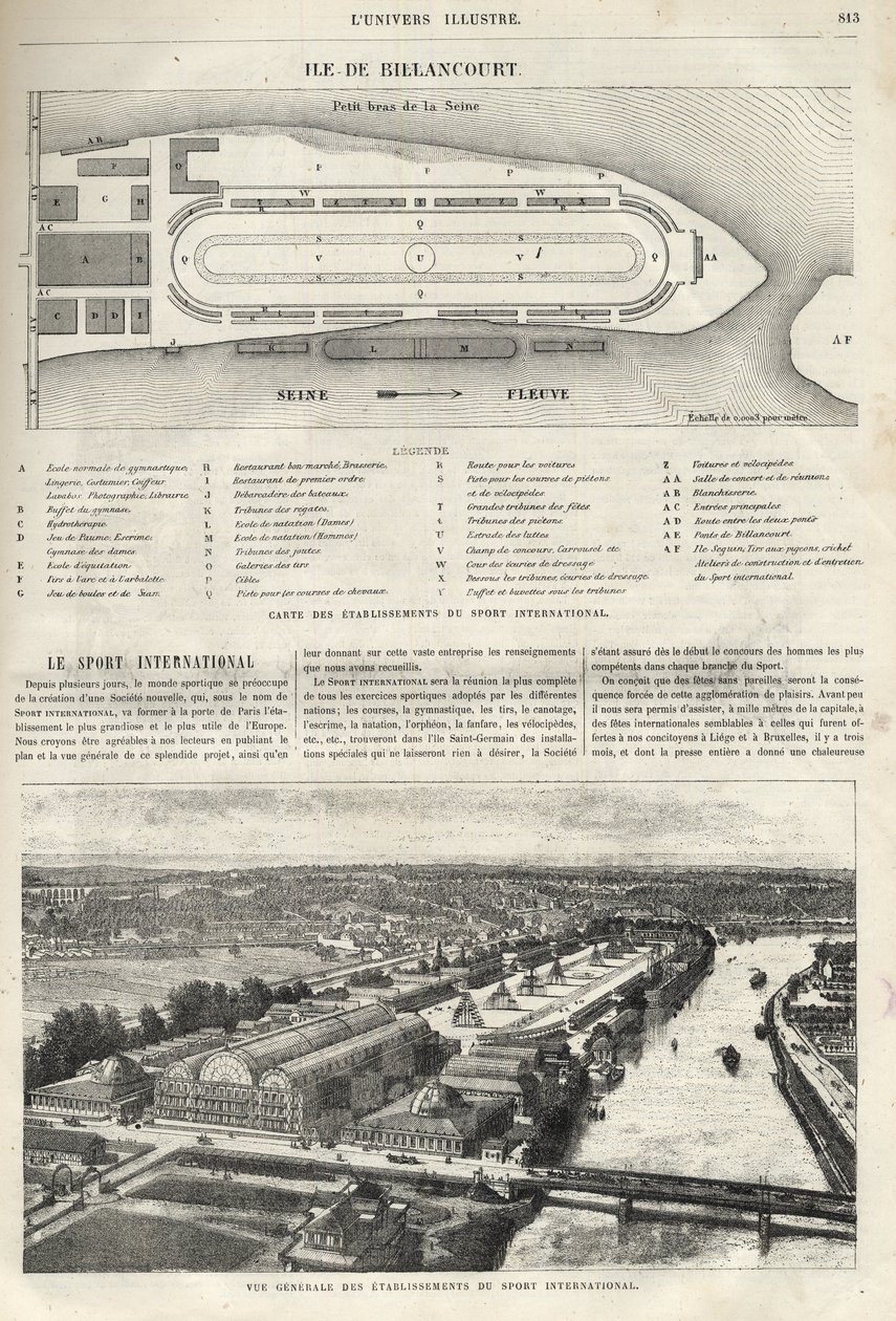 Plan of the establishment of the International Sport, which must be built in the island of Billancourt in 1869 - general view of the establishments of international sport on the island of Billancourt in 1869 by French School