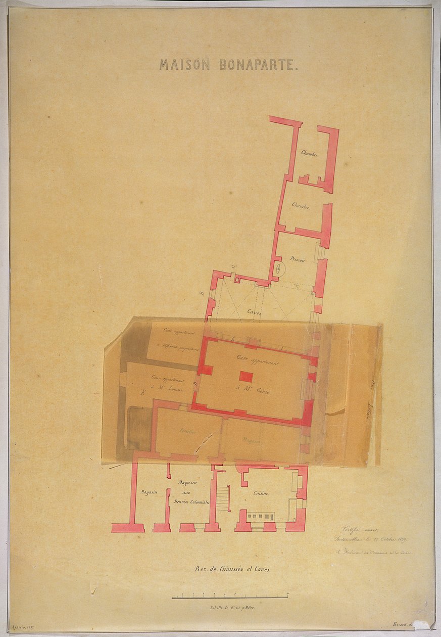 Plan of the ground floor and cellars of the house in Ajaccio, Corsica where Napoleon Bonaparte (1769-1821) was born, 1837 by French School