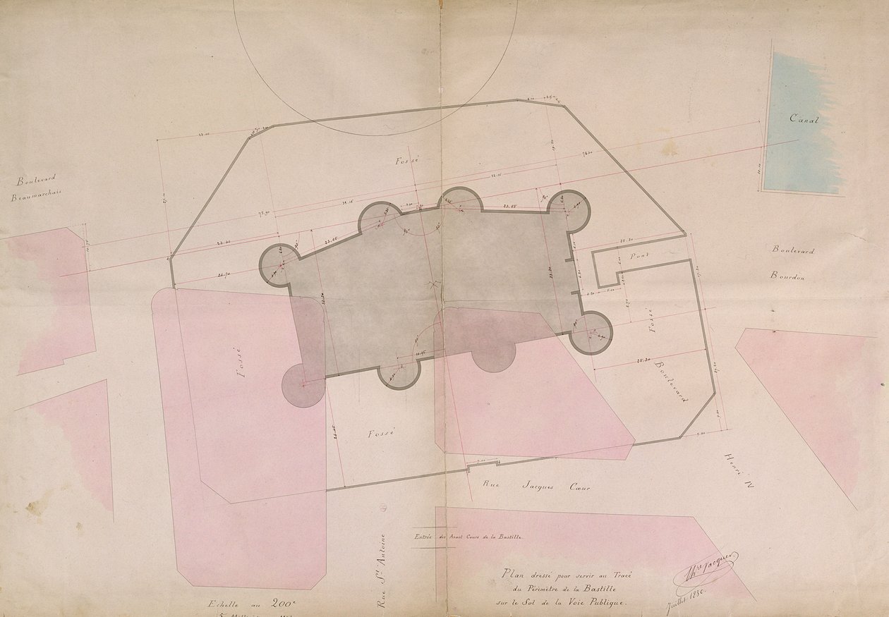 Plan showing the perimeter lines of the Bastille, 1830 by French School