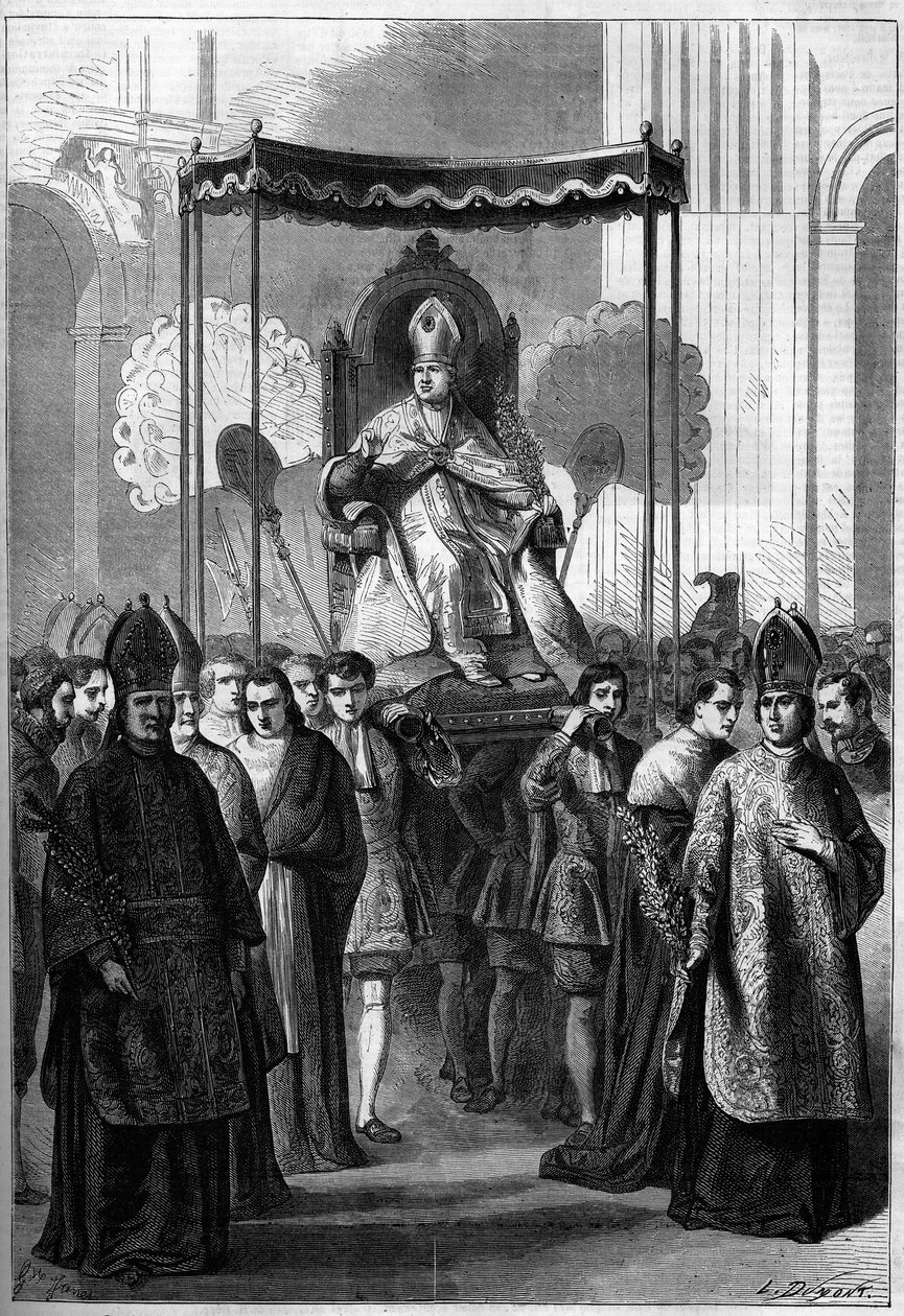 Pope Pius IX (1792-1878) carried processionally to the Church of St. Peter in Rome (Italy) on Palm Sunday in 1861. Engraving in 