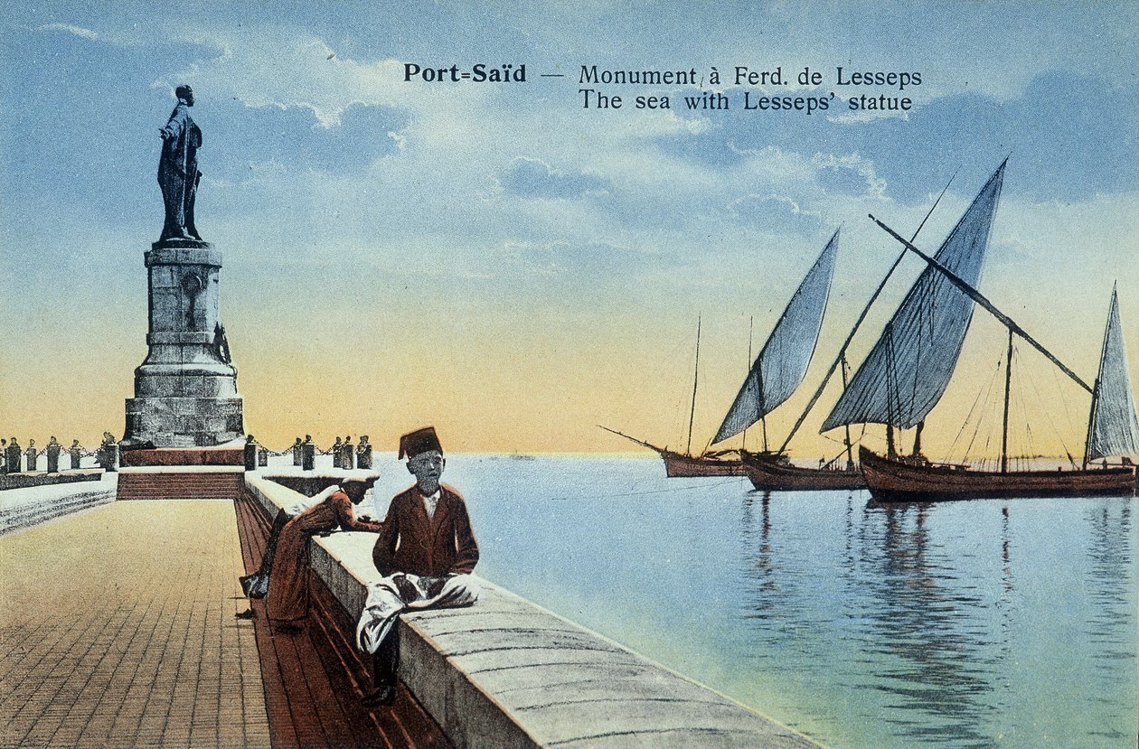 Port Said Postcard. Monument Dedicated to Fernand de Lesseps with Views of the Port and the Sea. Around 1900 (Postcard) by French School