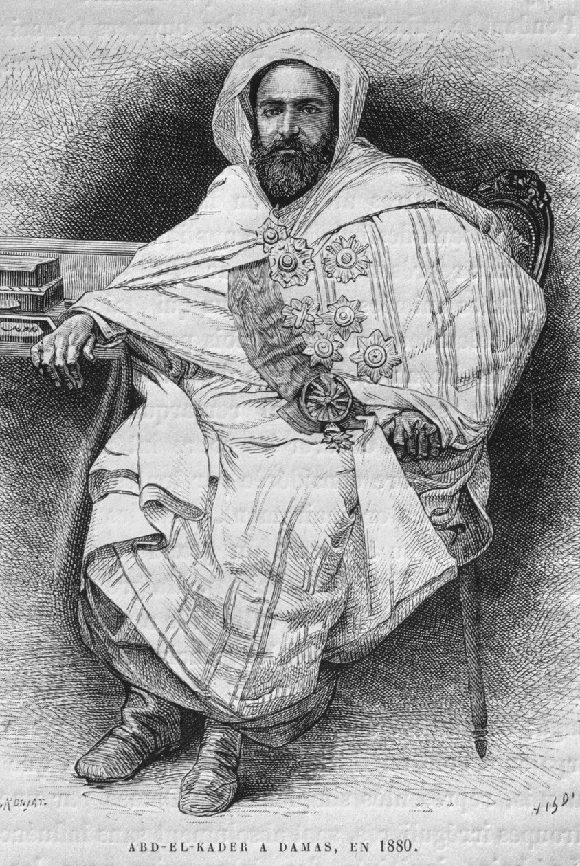 Portrait of Abd el-Kader in Damascus in 1880, from La Syrie daujourdhui. Voyages dans la Phenicie, le Liban et la Judee. 1875-1880 by Louis Charles Emile Lortet, 1884 by French School