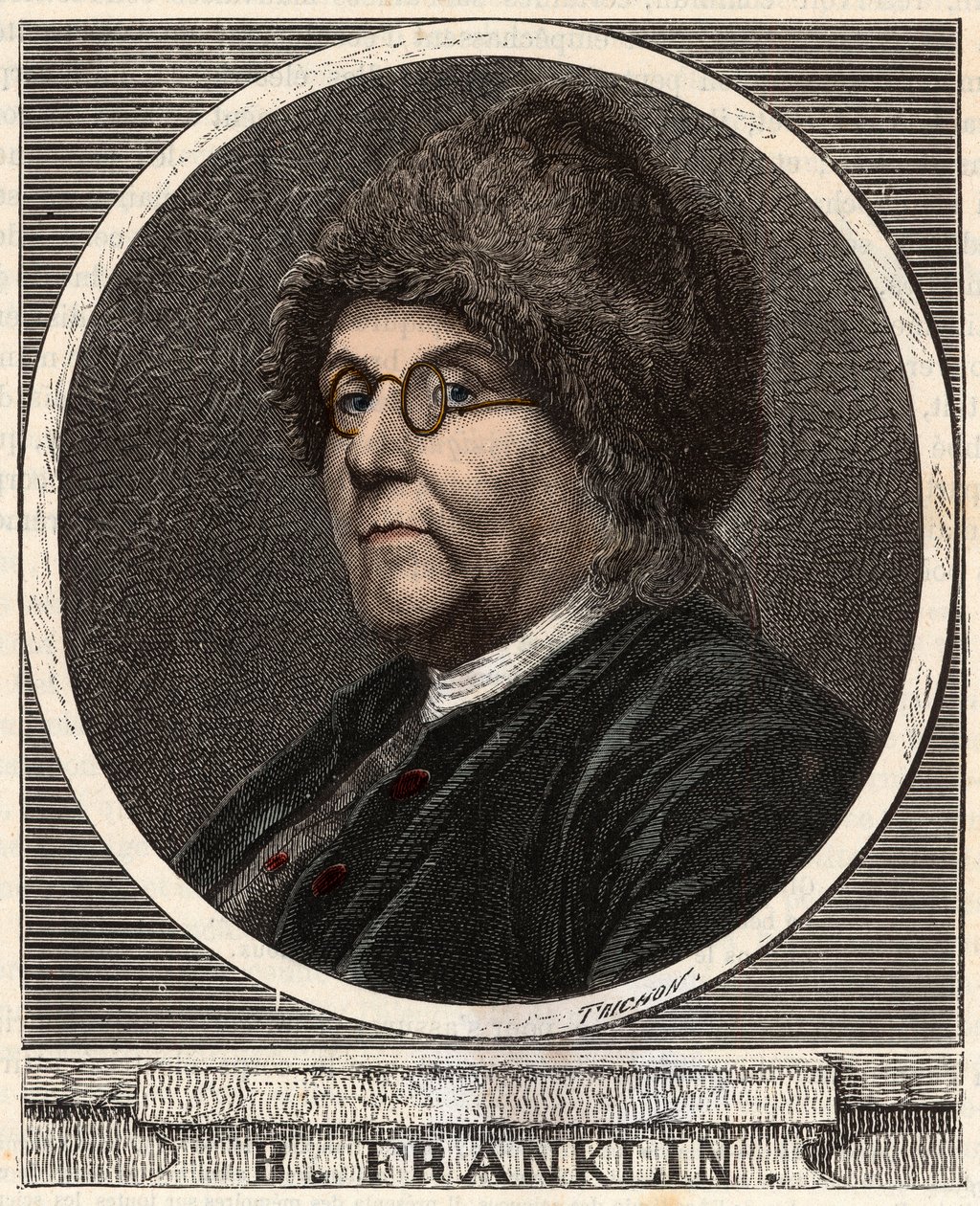 Portrait of Benjamin Franklin (1706-1790) American printer, publisher, scientist, inventor, statesman and diplomat - Engraving in 