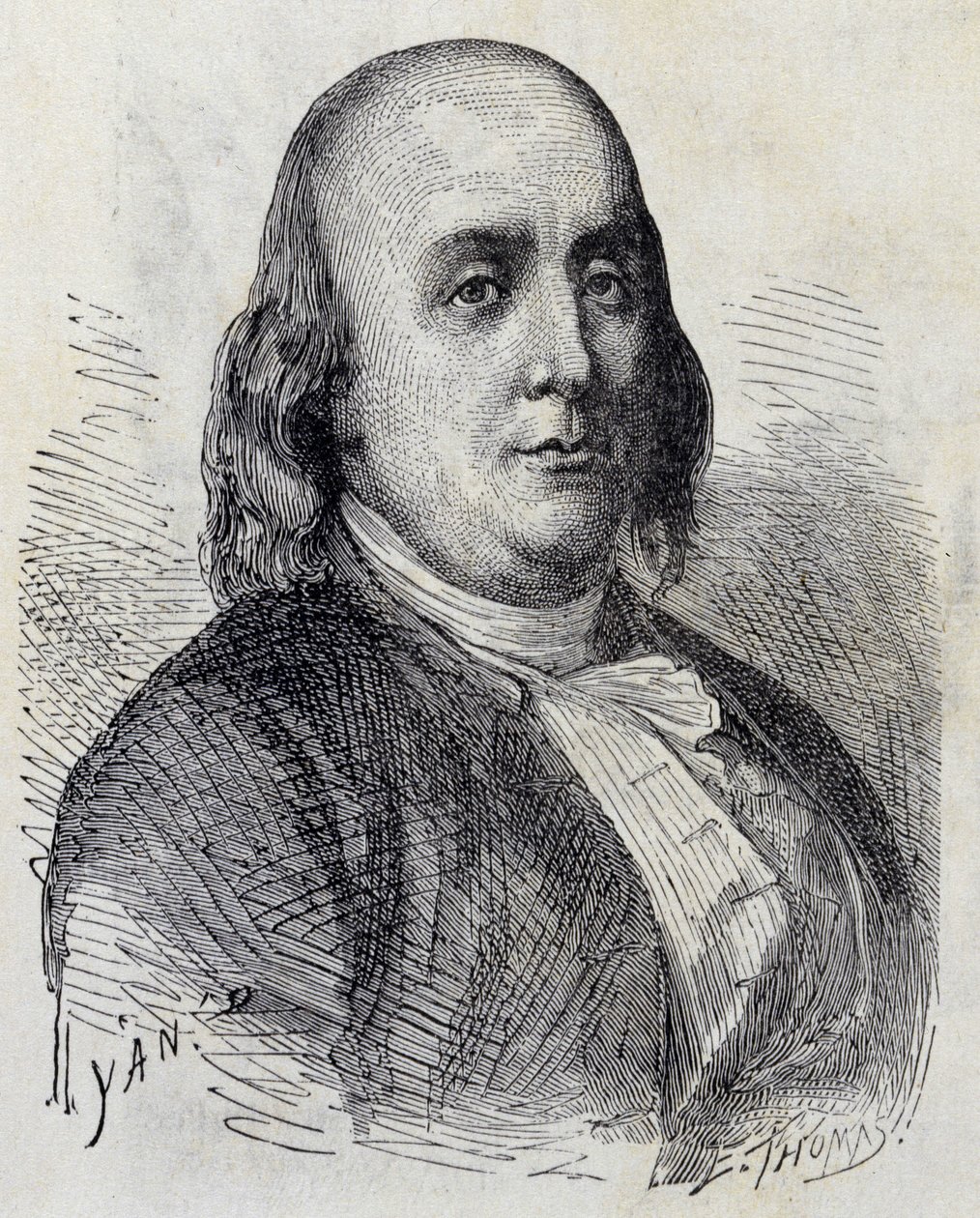 Portrait of Benjamin Franklin (1706 - 1790), American Politician, Memorialist, Pamphleteer and Physicist - in Album of Science; Illustrious Scholars; Great Discoveries 1896 by French School