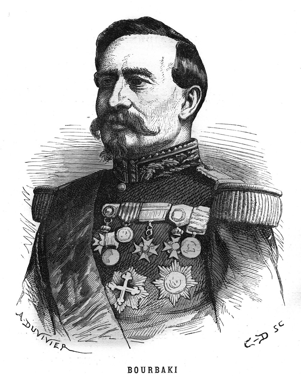 Portrait of Charles Denis Bourbaki (1816-1897), French officer. Engraving in Les Illustrations De L