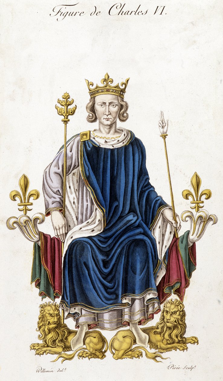 Portrait of Charles VI on his throne - engraving 19th century by French School