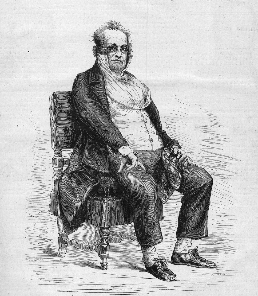 Portrait of Henry Monnier (1799-1877), French playwright, cartoonist and comedian. He is dressed as Monsieur Prudhomme, a character invented by Monnier, a cartoon of the French bourgeois in the 19th century. Engraving in Le Monde Illustré n°1031 by French School