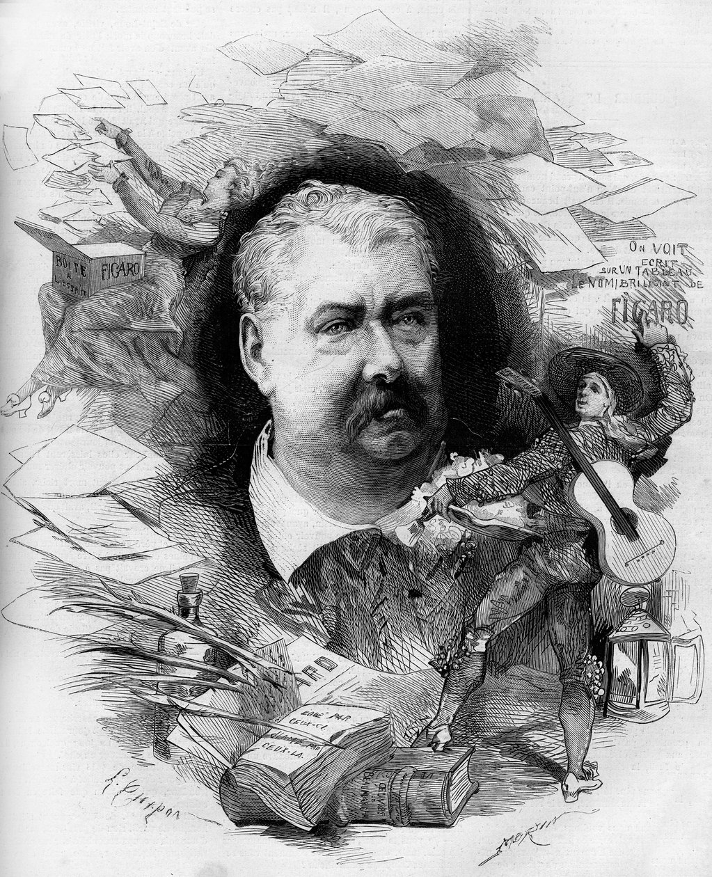 Portrait of Hippolyte de Villemessant, French journalist, founder of the Figaro. Engraving in Le Monde Illustré n°1151 of 19 April 1879 by French School
