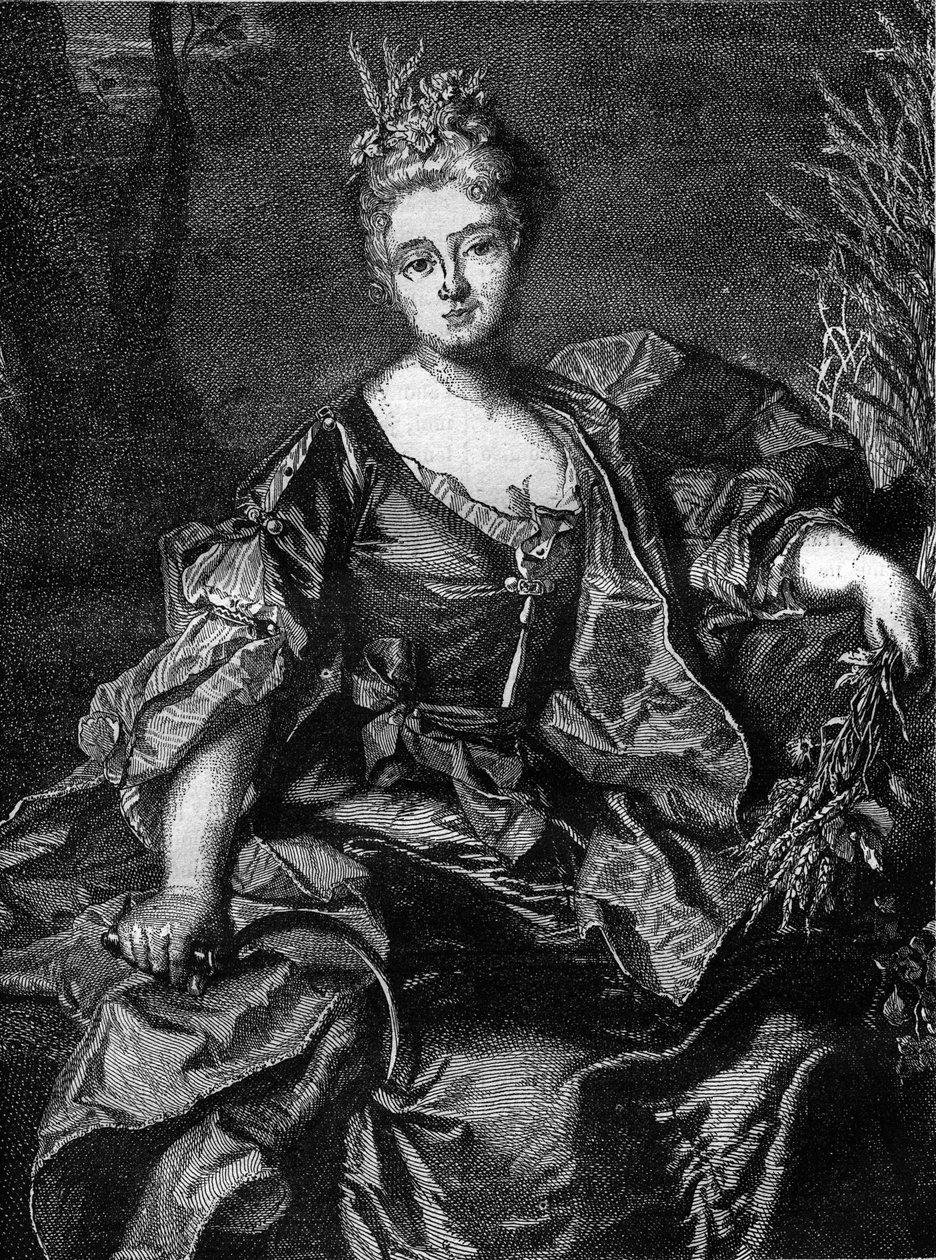 Portrait of Jeanne Becu, Countess of Barry (1743-1793), last mistress of Louis XV, in Ceres, goddess of Agriculture. Engraving in 