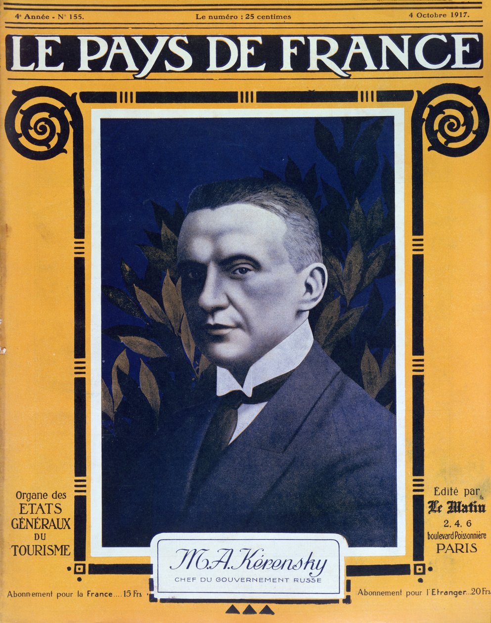Portrait of Kerensky, cover of the French magazine Le Pays de France, 4th October 1917 by French School
