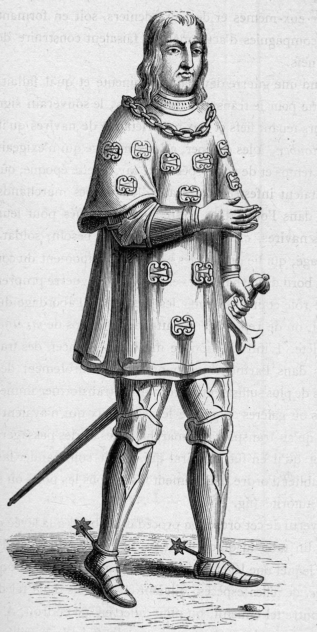 Portrait of Louis de Malet, lord of Graville, admiral of France in 1487, in war and tournament costume. Engraving in 