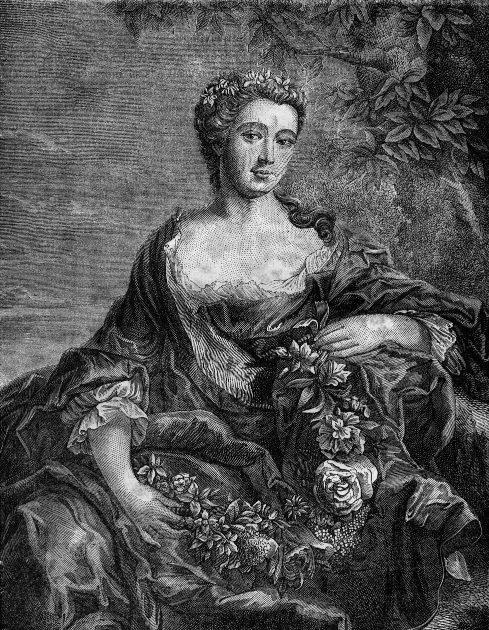 Portrait of Madame de Chateauroux, Marie-Anne de Mailly-Nesle (1717-1744), favorite of King Louis XV. Engraving in 