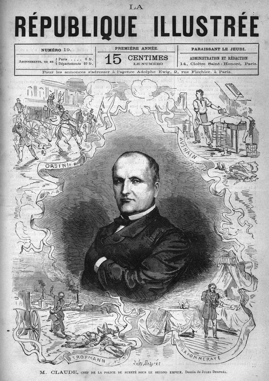 Portrait of Monsieur Claude (Antoine Francois Claude dit) (1807-1880), French policeman and writer, chief of the security police under the Second Empire. A newspaper. Engraving from 1880 in 