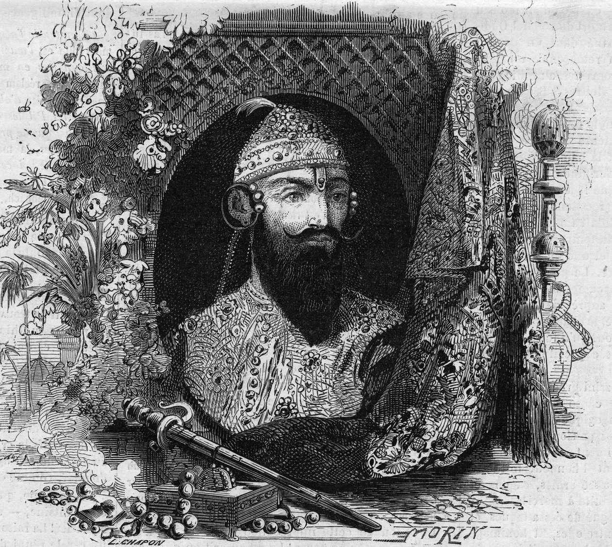 Portrait of Nana Saheb (Nana Sahib) (by her real name Dhundu Pant) (ca. 1820-?) , head of the anti-colonial revolt of the Cipayas in India. Engraving in “Le Monde Illustré” n°331 of 15 August 1863 by French School