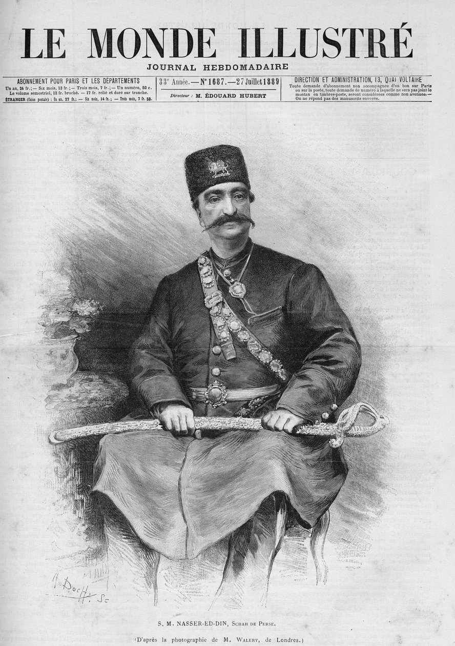 Portrait of Nasser Ed Din (1831-1896), Shah of Persia (Iran). Also called Nasseredin Shah, Nasserer-al-Din Shah Qajar, Nasser al-Din Shah Qajar, Nassiruddin Shah. One of the newspaper 