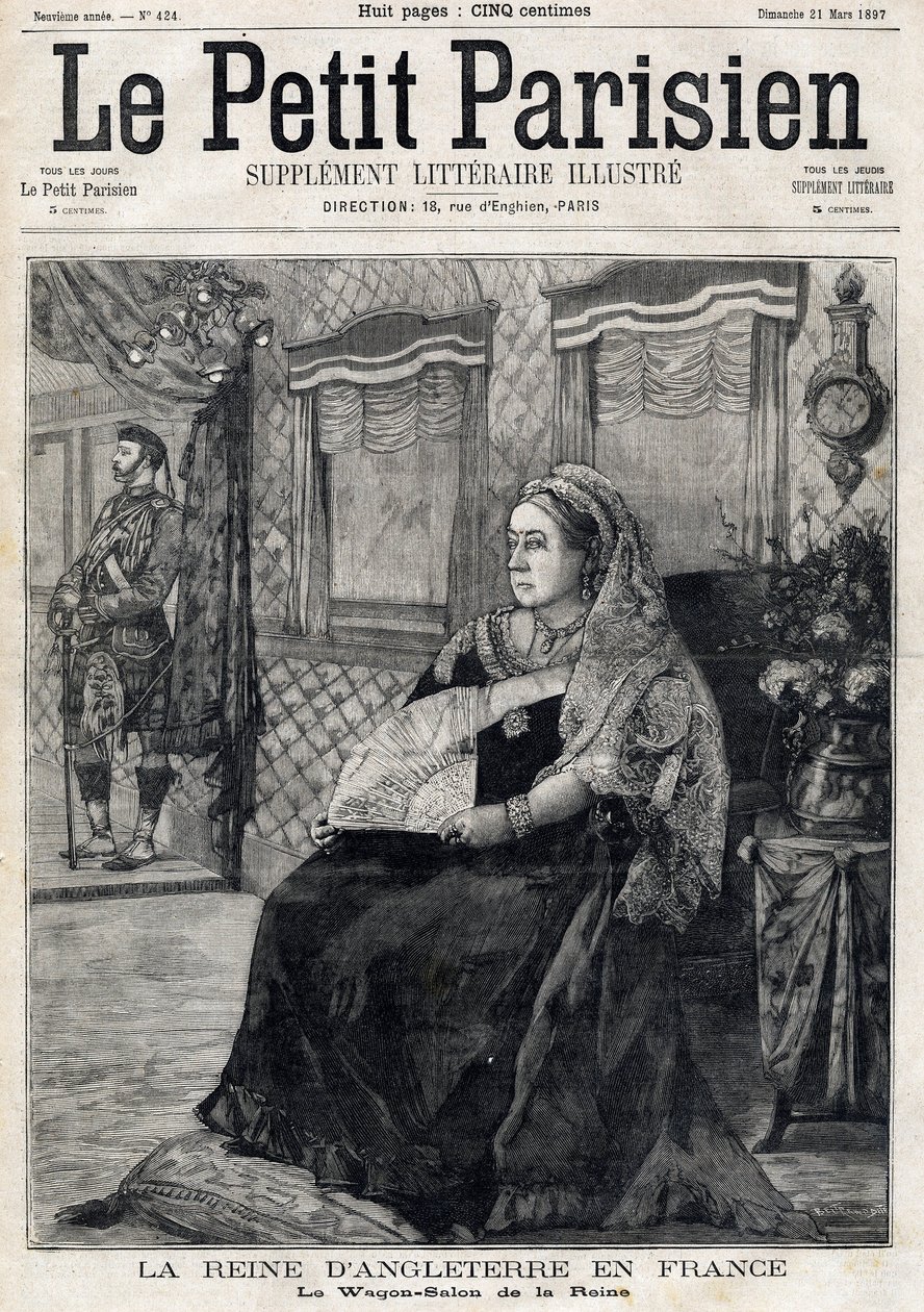 Portrait of Queen Victoria of England (1819-1901) Traveling Through France in Her Wagon Salon. Frontpage of French Newspaper Le Petit Parisien, March 21 by French School