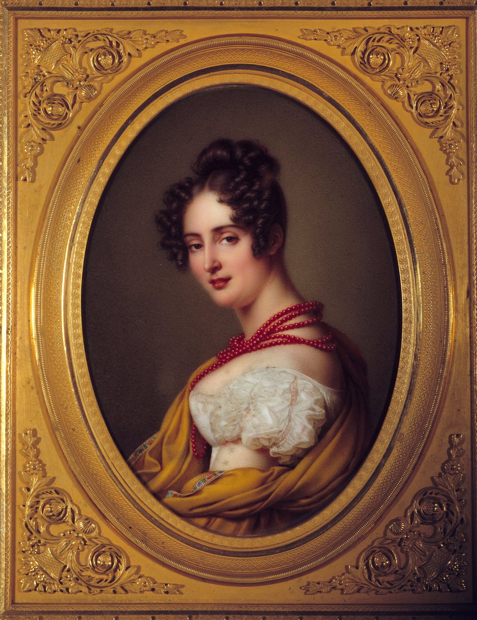 Portrait of a young woman with a red necklace by French School