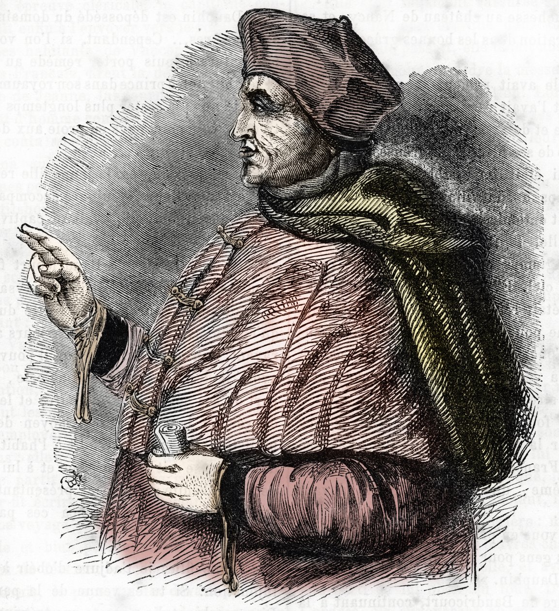 Portrait of the Eveque Pierre Cauchon (1371-1442) Authorizing Officer of the Proces of Joan of Arc (Portrait of Pierre Cauchon bishop of Beauvais) Engraving by French School