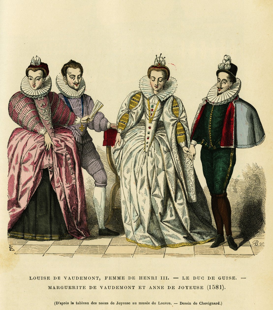 Portraits in 1581, of Louise de Vaudemont (1553-1601), Queen of France, wife of Henry III (1551-1589), of the third Duke of Guise, Henri I, known as the Balafre (1549-1588), of Marguerite of Lorraine (1564-1625) daughter of the Count of Vaudemont by French School
