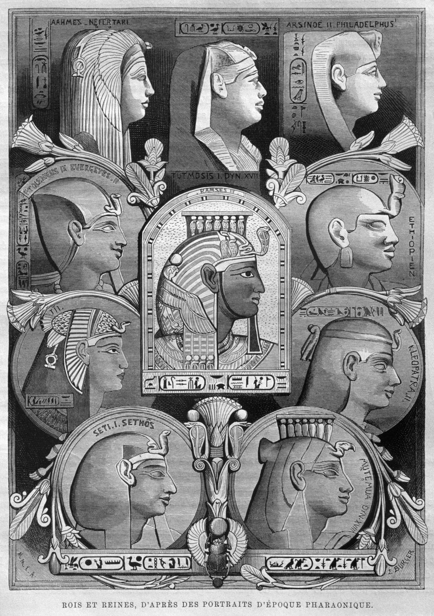 Portraits of Ancient Egypt queens and kings, from LEgypte by Georg Moritz Ebers, 1881 by French School