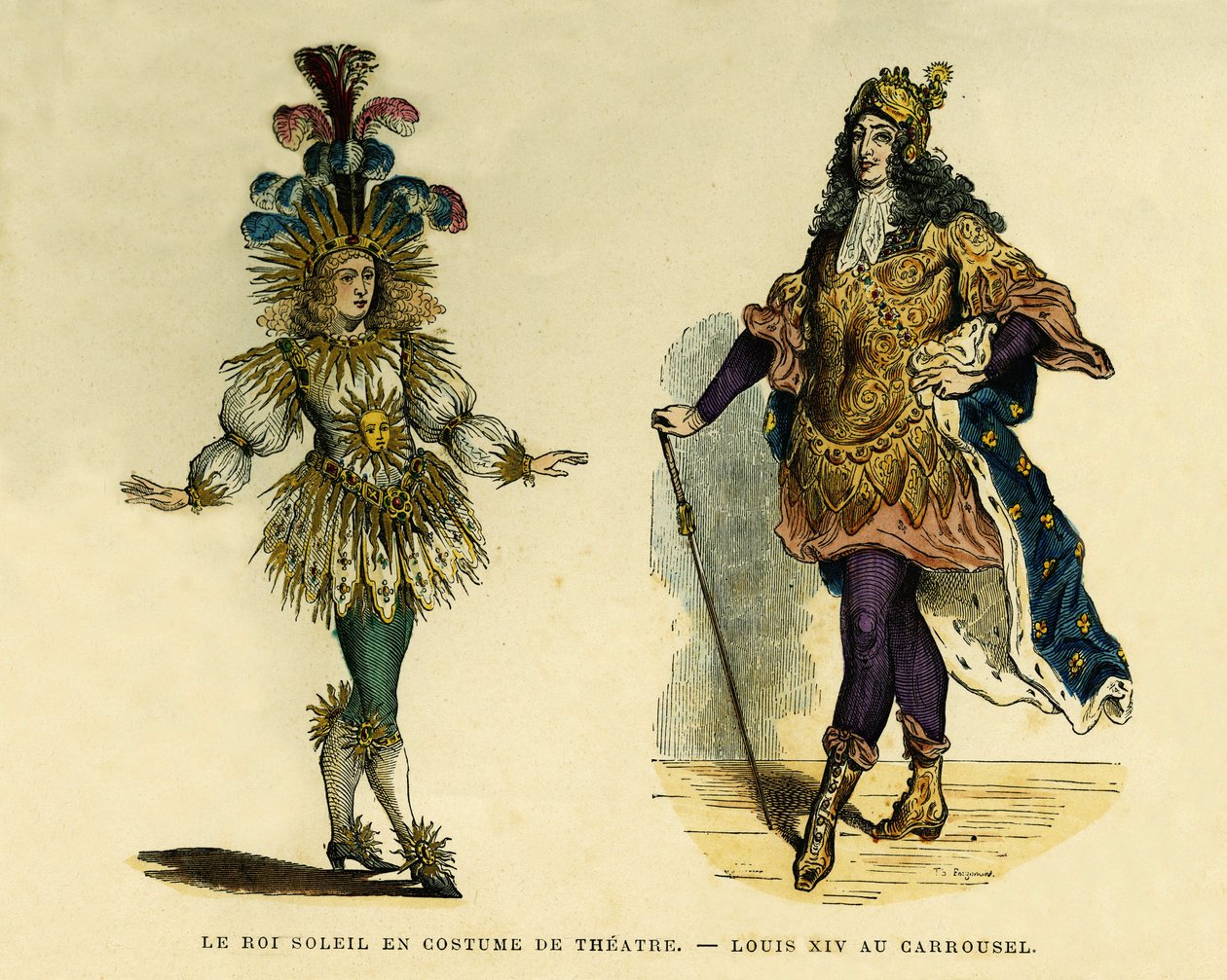 Portraits of King Louis XIV, in theatre costume and carousel. Colour engraving, in 