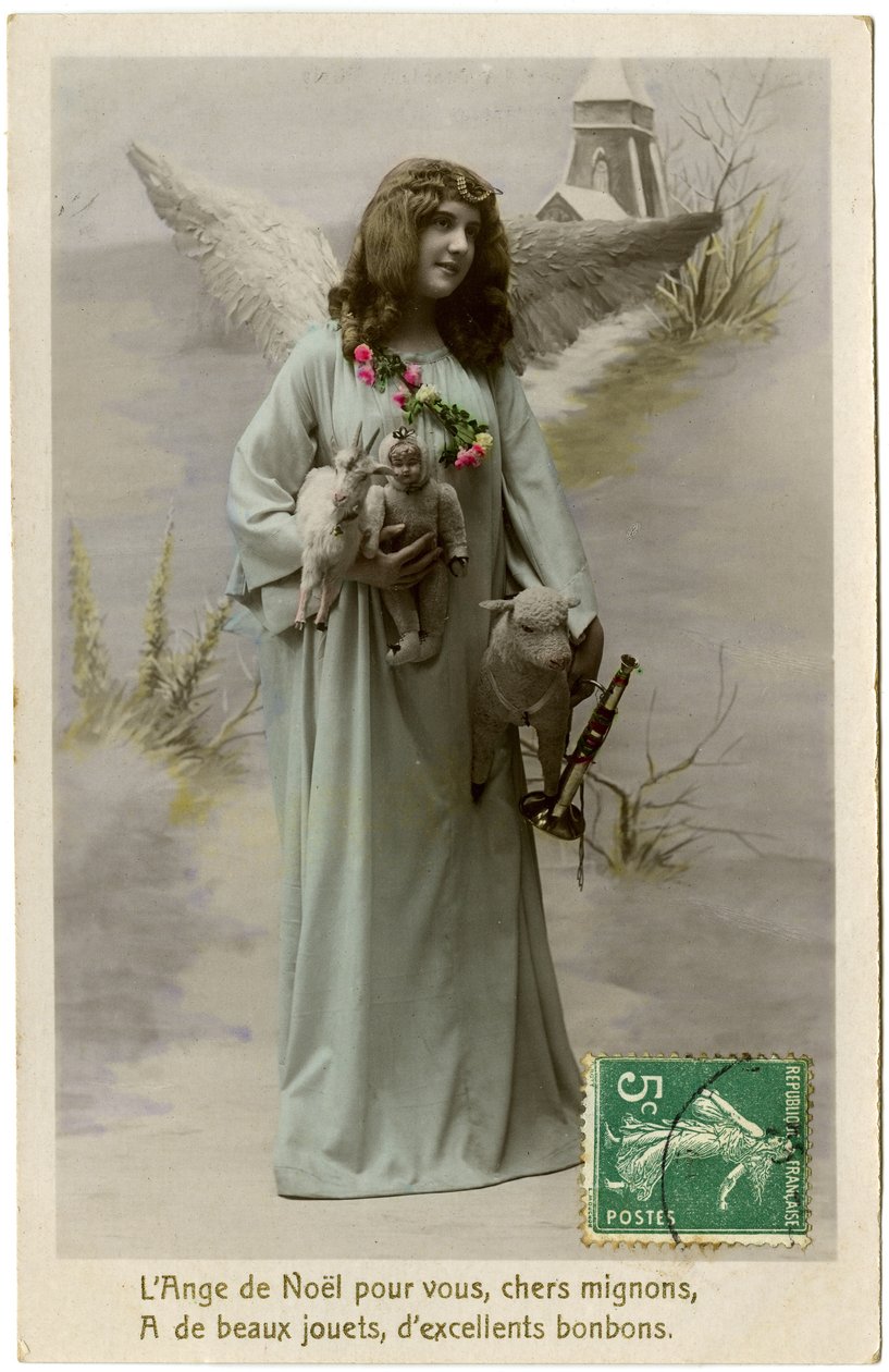 Postcard: The Christmas Angel for You, Dear Cute, Has Beautiful Toys, Excellent Sweets by French School