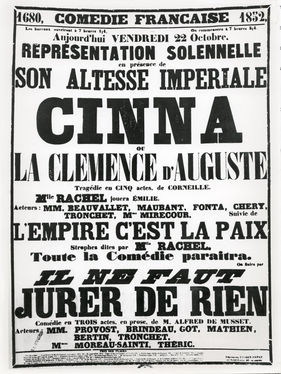 Poster advertising a performance at the Comédie-Française on 22 October, 1852, of Corneille